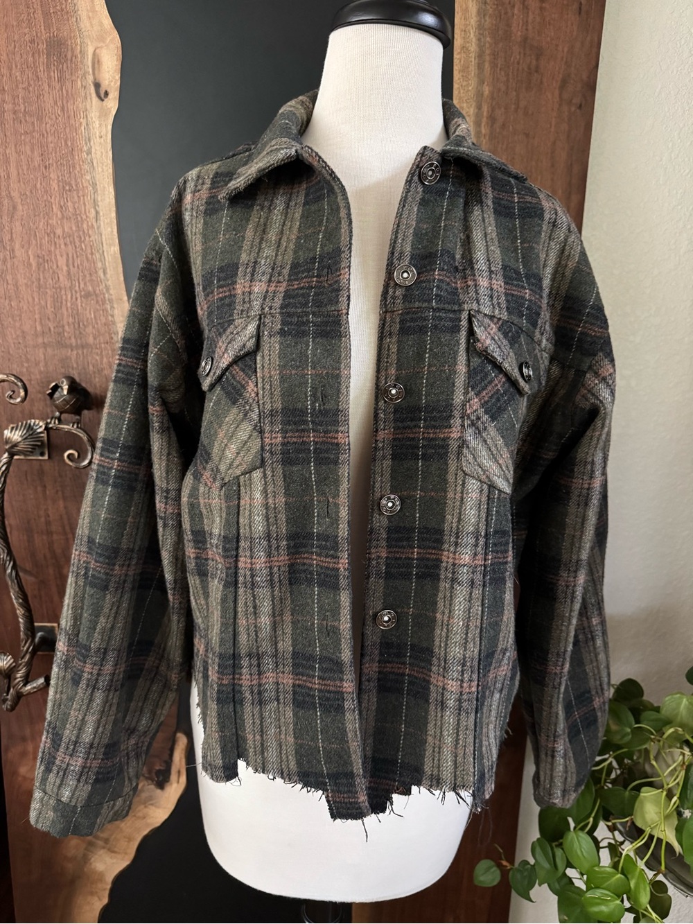 POL Distressed Cropped Plaid Jacket Medium